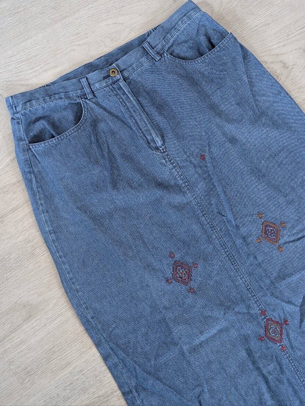 TanJay Vintage Cottagecore Prairie Blue Denim Embroidered Maxi Skirt Size 12 - Picture 4 of 9